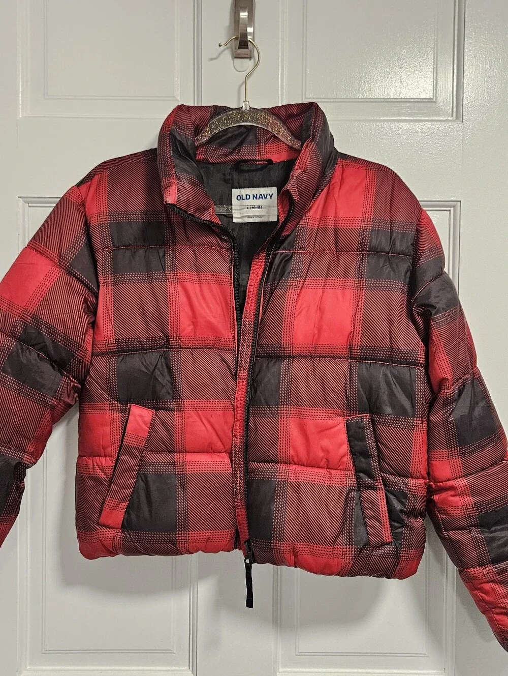 Old Navy Girls Plaid Red Black Buffalo Print Puffer Jacket Size L (10-12)
